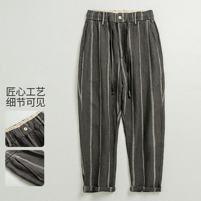 Spring and summer new vintage striped elastic waist drawstring linen pants casual loose straight pants men's manufacturers 117