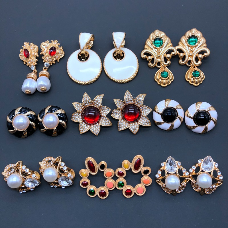 Medieval earrings silver pin earrings electroplated real gold enamel glaze flower pearl gem earring A52