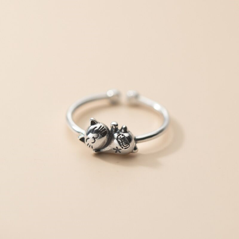 New Korean Style Retro Old Cute Chubby Cat Ring Women's Sweet Thai Silver Fresh Simple Fashion Ring