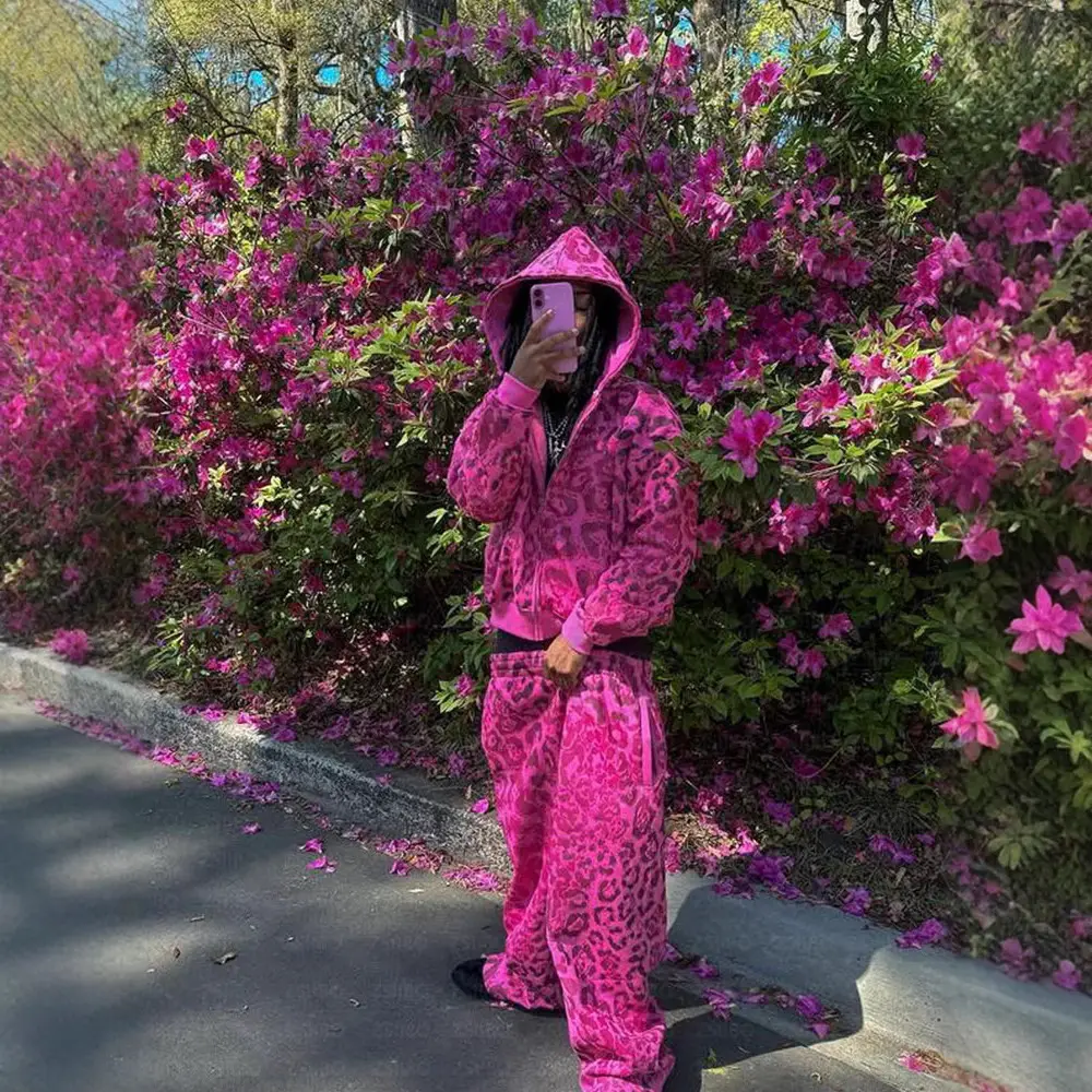 Europe and the United States Y2K new personality leopard print hooded long-sleeved sweater jacket comfortable casual trend sports sweat pants