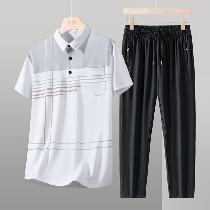 Dad's Summer Ice Silk Casual Sports Suit for Middle-Aged Men, Two-Piece Set, Short-Sleeved T-Shirt, Quick-Drying Pants, Father's Gift