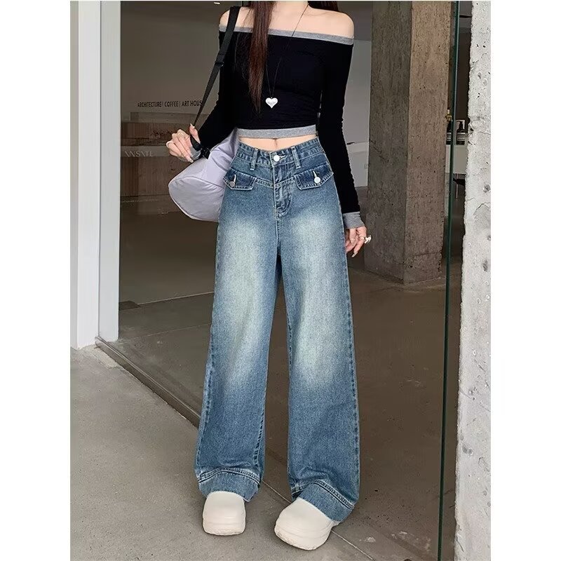 2026 New Style American Retro Jeans for Women, Thin Summer Loose Fit, Slimming High-Waisted Straight Wide-Leg Floor-Length Pants