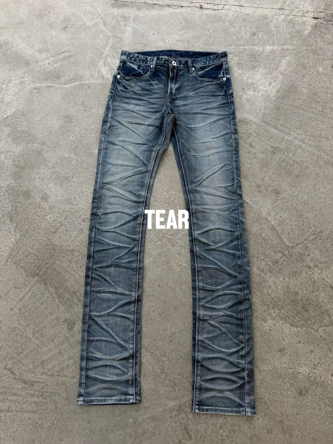 撕裂的天堂TEAR 蓝色水波纹猫须闪粉做旧修身牛仔裤长裤 skinny