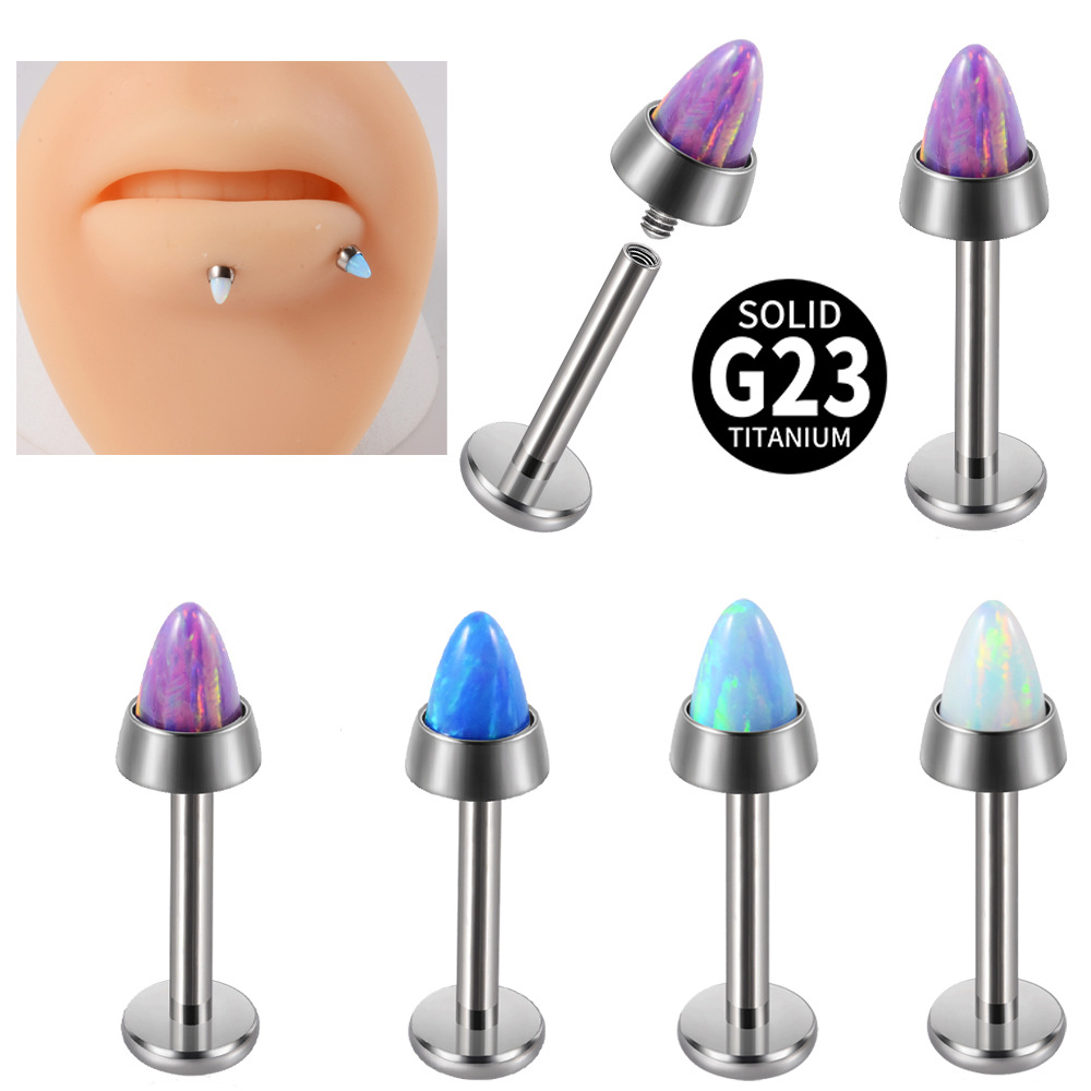 Cross-Border Opal Pointed Cone Head Lip Nail Opal G23 Titanium t Internal Tooth Lip Ring 16g Internal Thread Piercing Ear Bone Nail Earrings