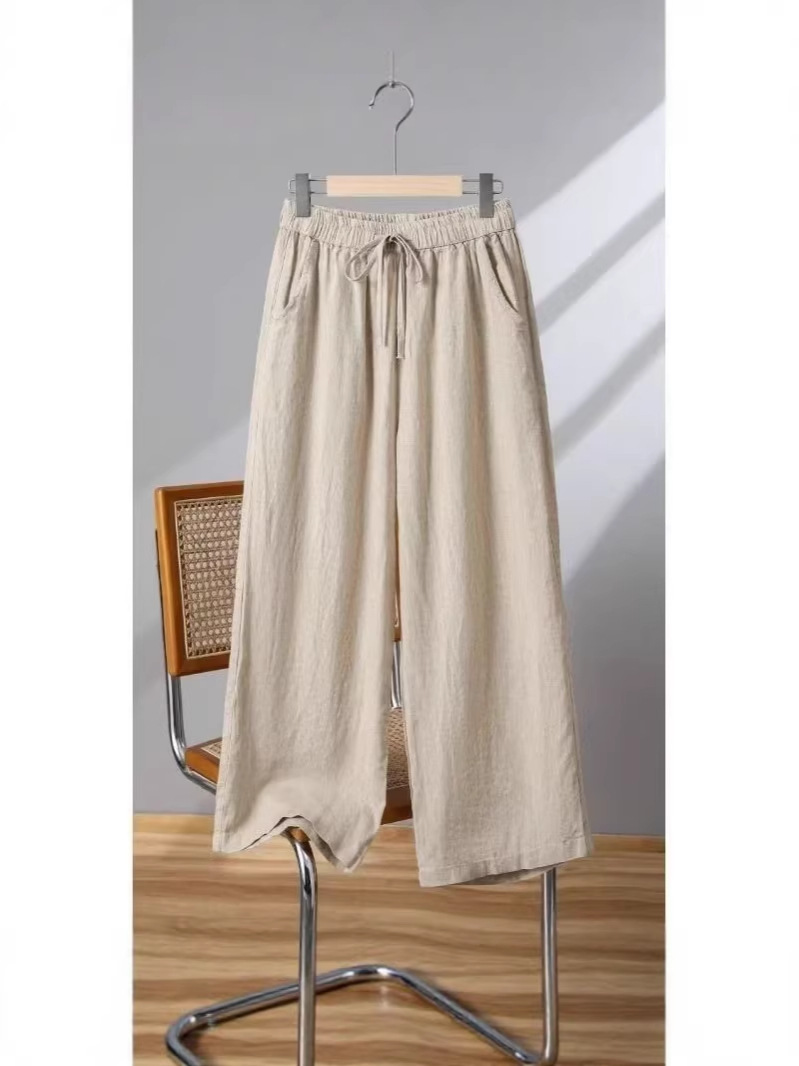 Cotton and Linen Wide-Leg Pants for Women, Spring, Autumn, Summer, High-Waisted, Plus-Size, Linen Cropped Pants, Drawstring, Straight-Leg, Thin, Casual Pants