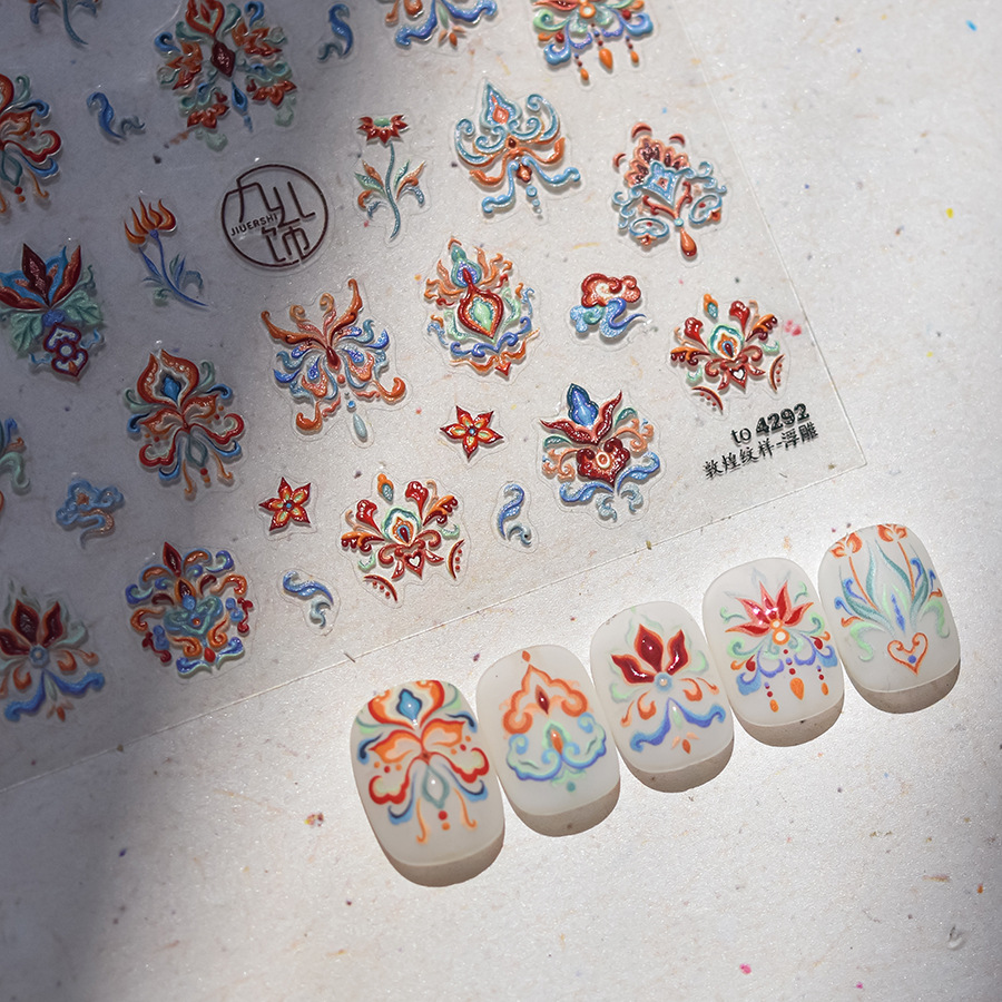 Tomoni Relief Nail Art Sticker Explosive Mobile Phone Shell Nail Sticker National Style Nail Art Auxiliary Sticker Dunhuang Pattern