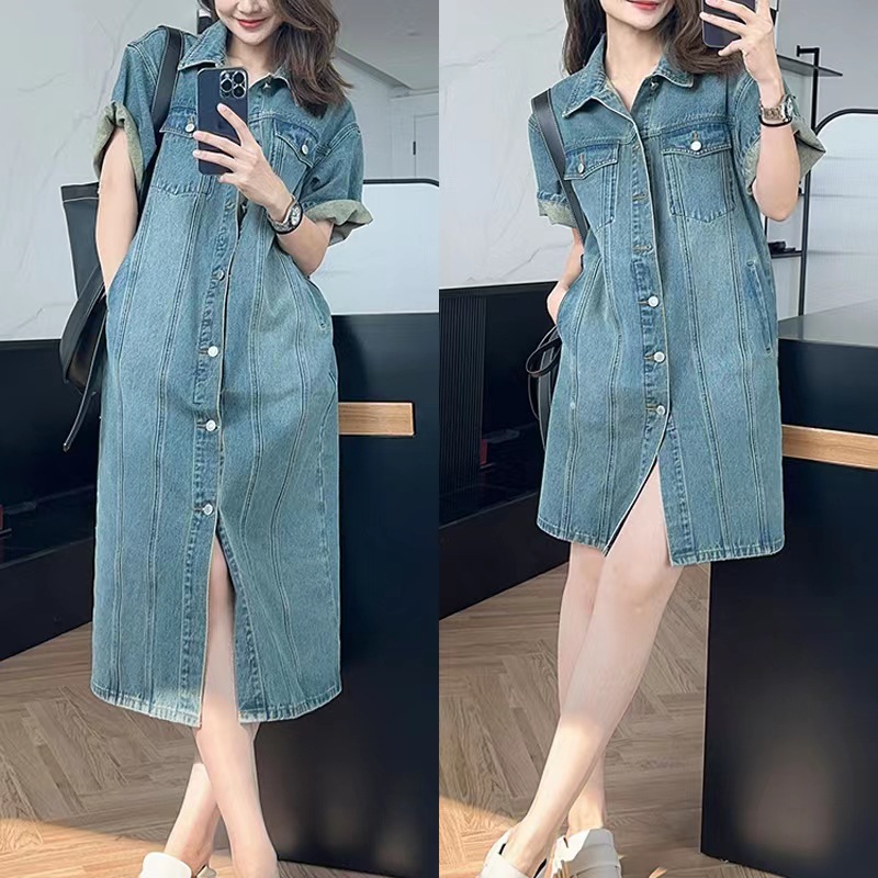 2023 New Style Little Man High-end Hong Kong Style Vintage chic Blue Short-sleeved Denim Dress for Children Summer
