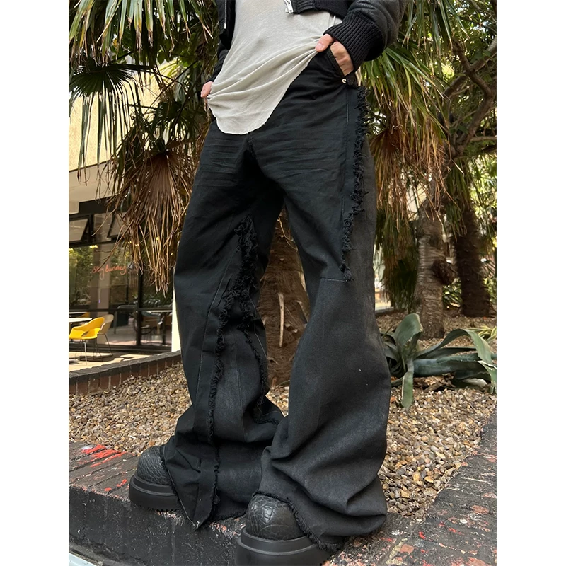 Ro acbt splicing material niche dark style brushed wax coating pure black jeans wide leg floor length flared pants