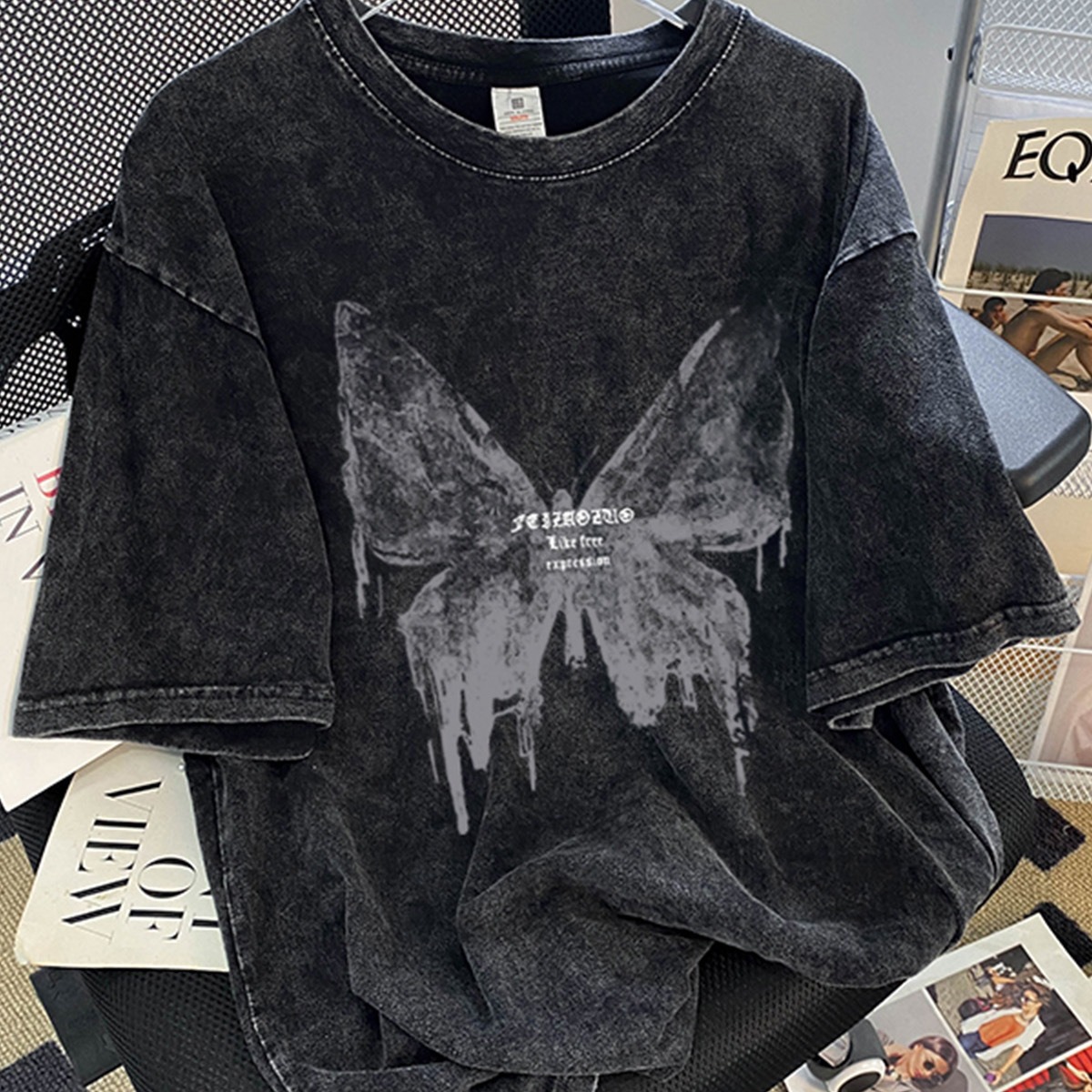 Plus Size Women's Clothing 2024 New Summer Loose Washed Distressed Trendy Brand Short-Sleeved T-Shirt Pure Cotton Right Shoulder Clothes Ins