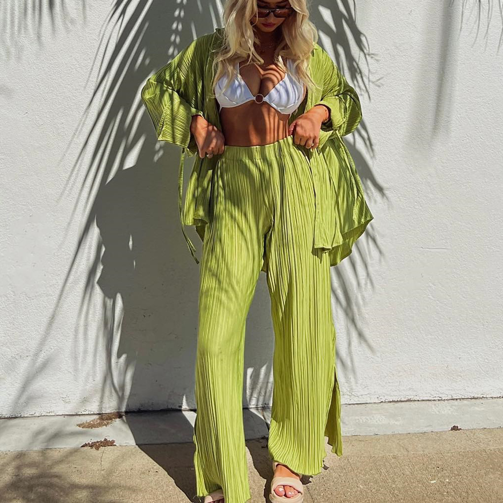 Cross-Border European and American Clothing 2025 Spring New Fashion Suit Pleated Shirt Long-Sleeved Slit Pajamas Two-Piece Set for Women