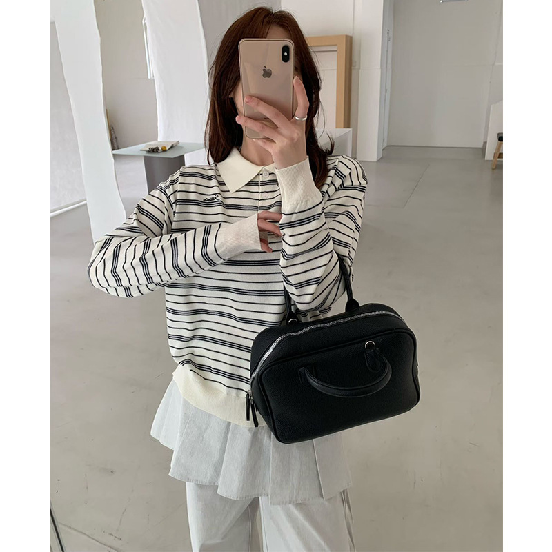2026 Spring American Retro Sports Style Color-Block Striped Knit Polo Collar Long-Sleeve T-Shirt Casual Miu-Style Top