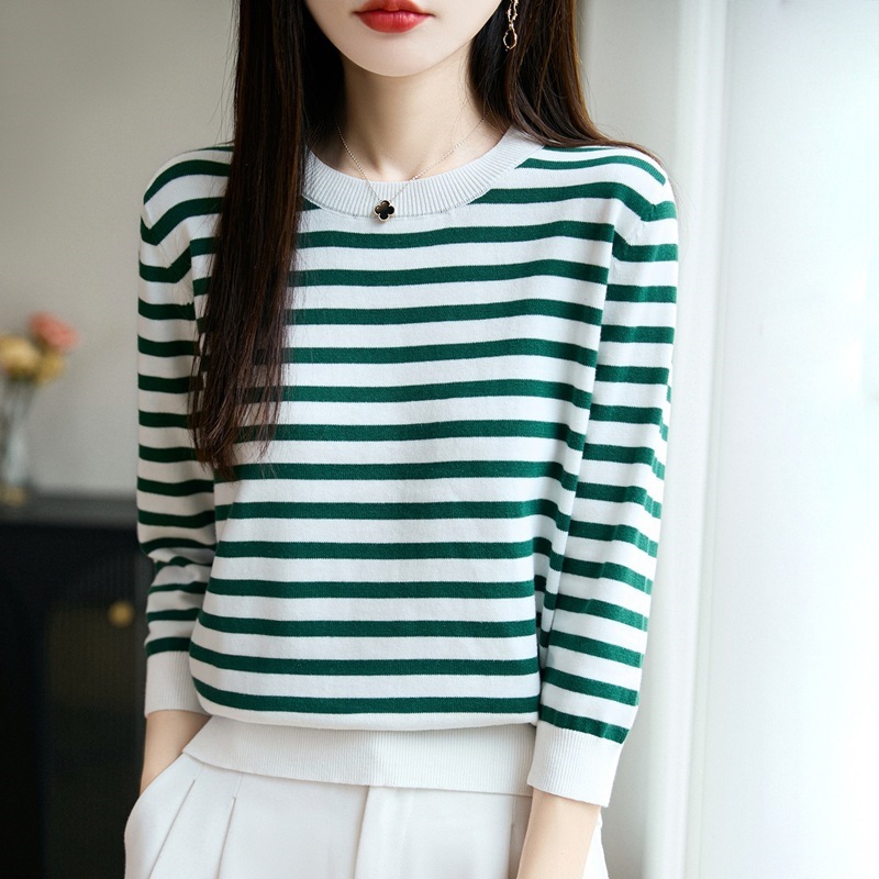 Cross-Border 2026 Spring New Round-Neck Pure Cotton Knit Sweater Simple Color-Blocking Striped Loose Pullover Base Shirt for Women