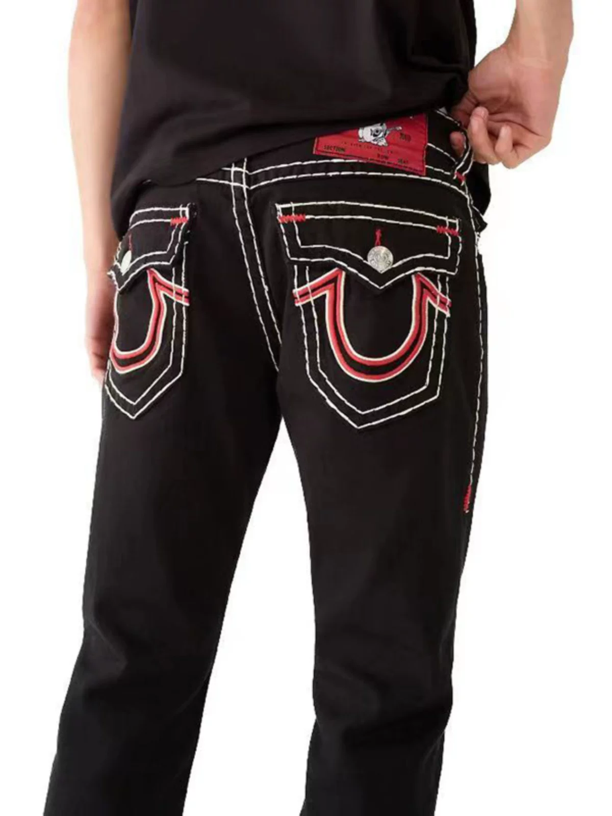 American-Style Trendy Religious-Themed Jeans, Straight Loose Fit, Genuine Plus-Size Men's Buddha Thick-Stitch Casual Pants, Workwear Pants