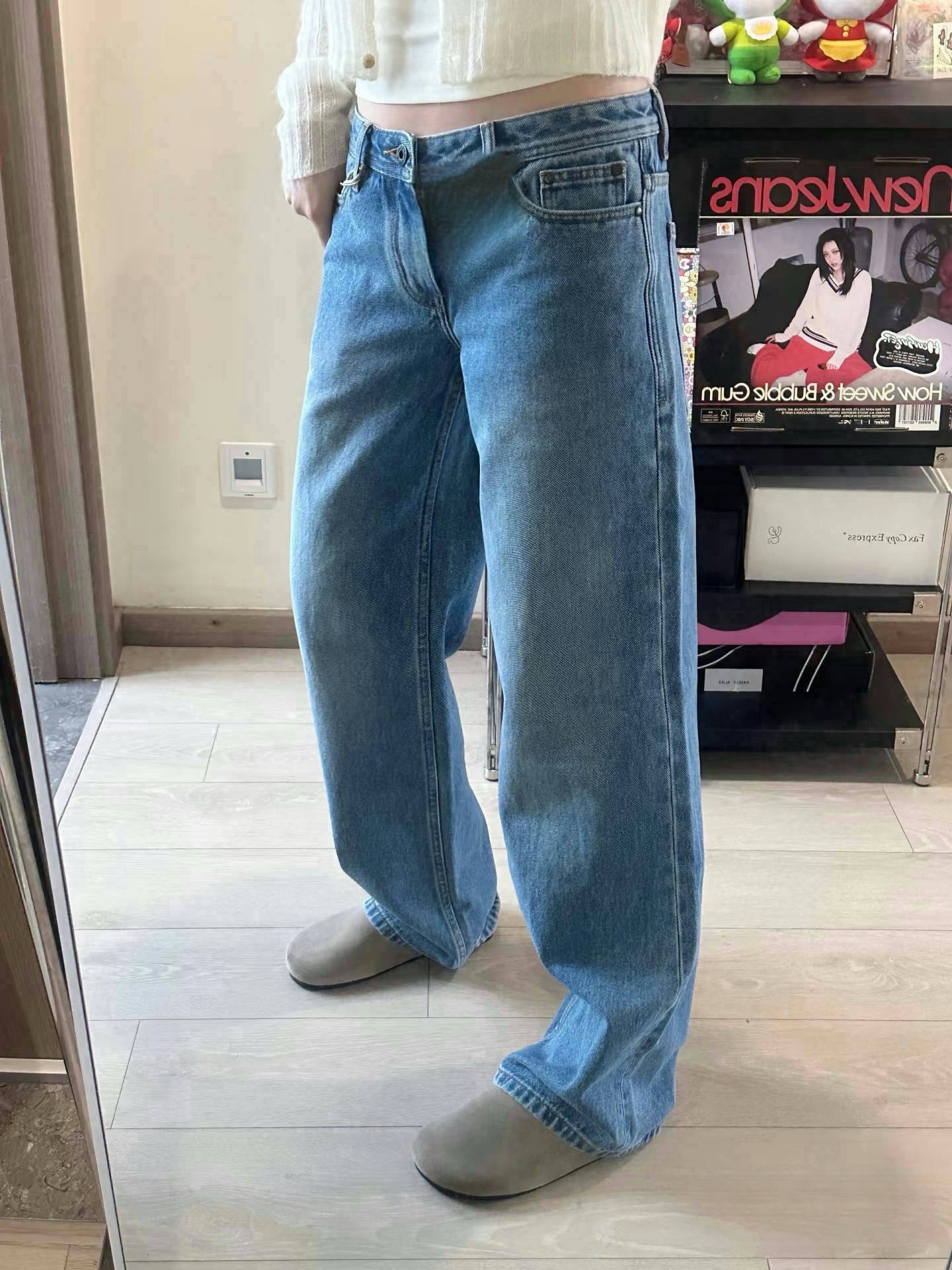 Washed Distressed Mid-Low Waist Jeans for Women New Slimming Look 080L Retro Light Blue Pure Cotton Loose Straight Cow 5010
