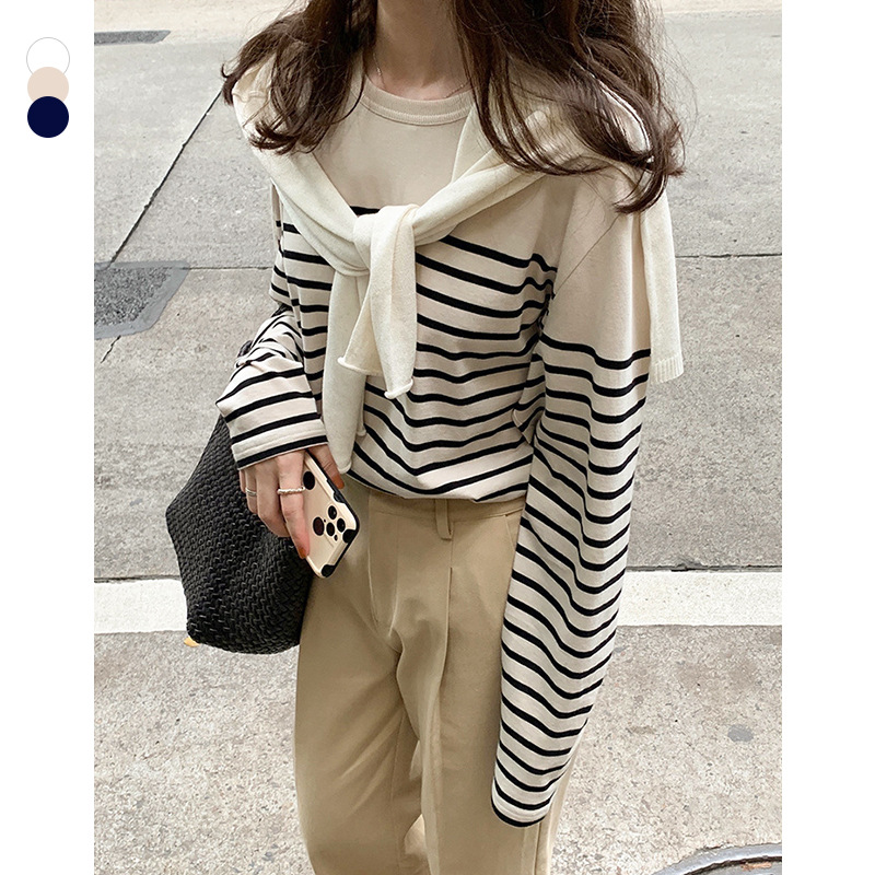 Plus Carefully Selected Plain Autumn Stripesd Cotton T-Shirt Long-Sleeved Women's Custom-Dyed Stripesd Shirt Layered Bottoming Shirt