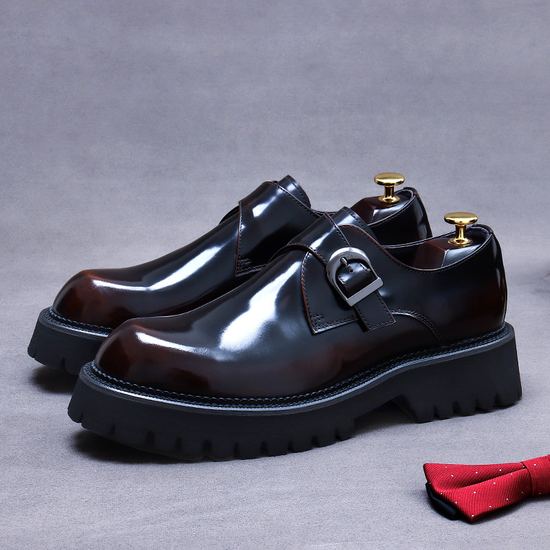 Men's Leather Shoes, Business Formal Wear, Genuine Leather, Gentleman's Buckle, Patent Leather, British Style, Glossy, Thick-Soled, Suit Shoes