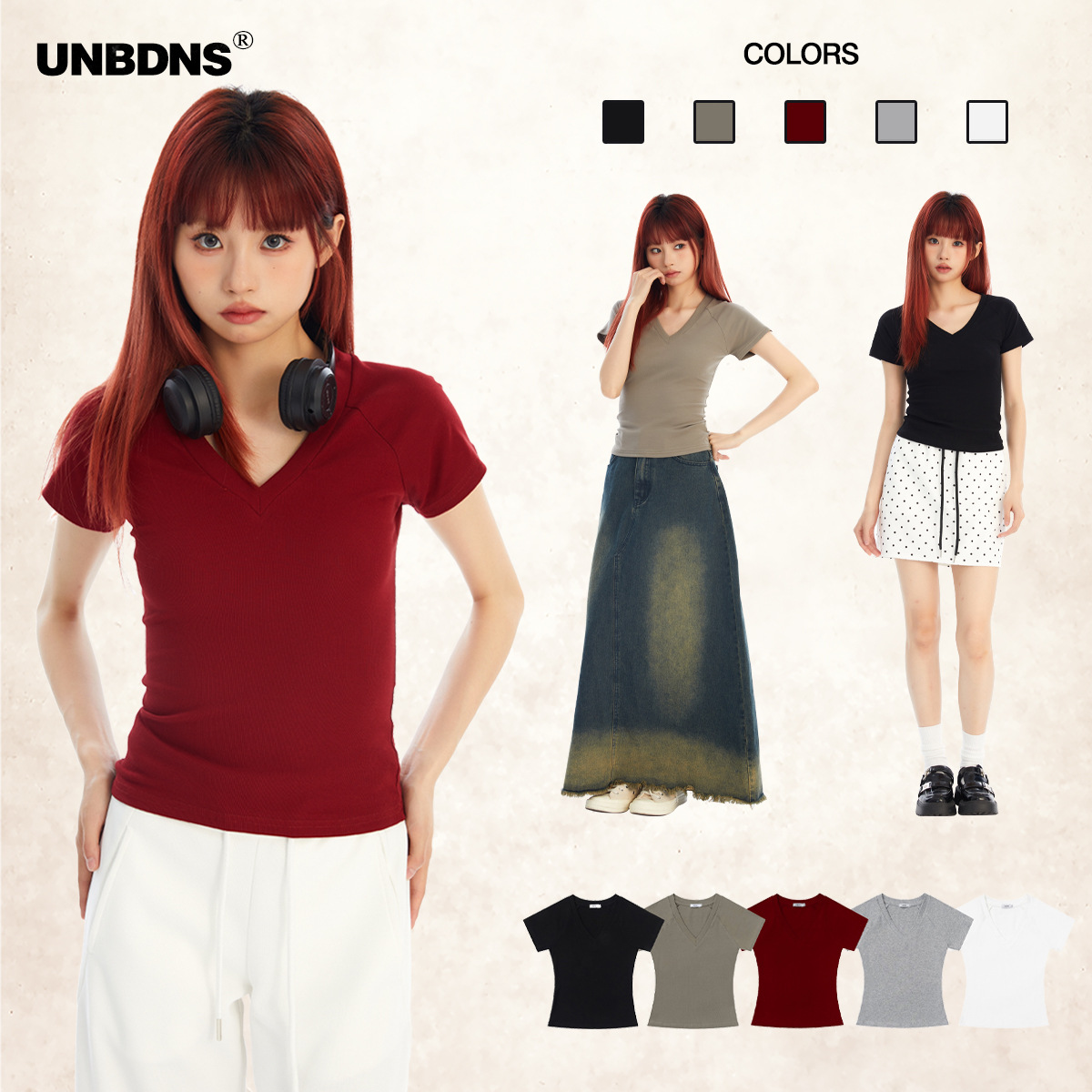 UNBDNS American style simple raglan short sleeve T-shirt women's spring and summer slim slim V-neck sweet and spicy top base shirt