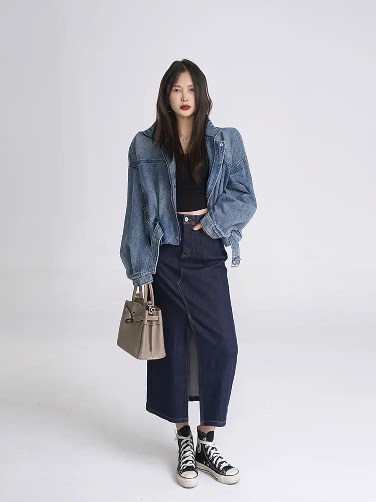 Akimbo ● Free Street Style Stand Collar Waistband Shoelace Denim Outwear Retro Handsome Pleats Short jacket