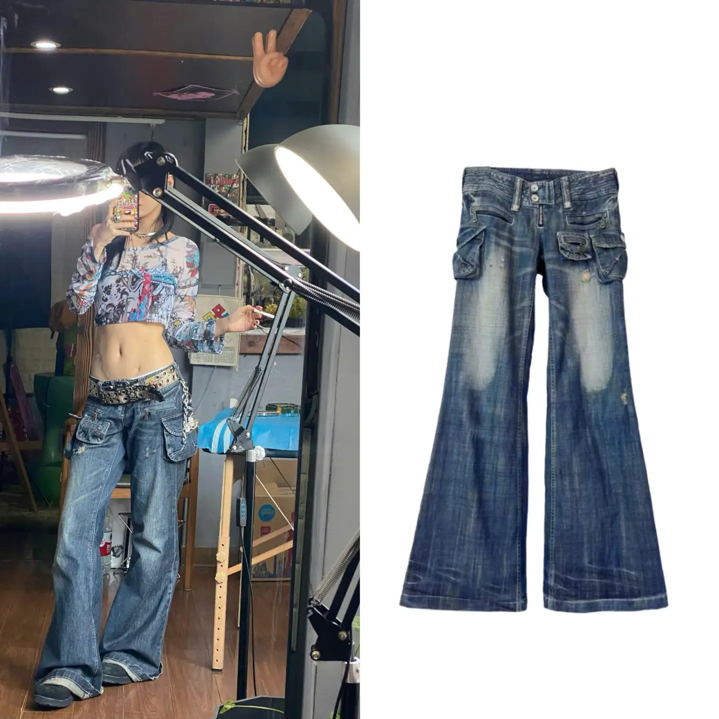 (Good Night) In Stock Retro Heavy Industry Multi Flap Pocket pants Washed Low Waist Flared Casual Pants Denim