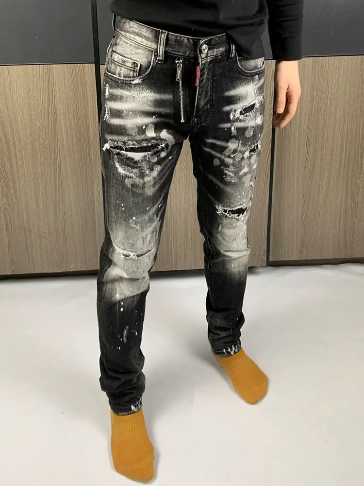 New 24 Autumn and Winter All-Season Men's Jeans D2 Stretch Slim-Fit Trousers Dsq2 Heavy Craftsmanship Zipper