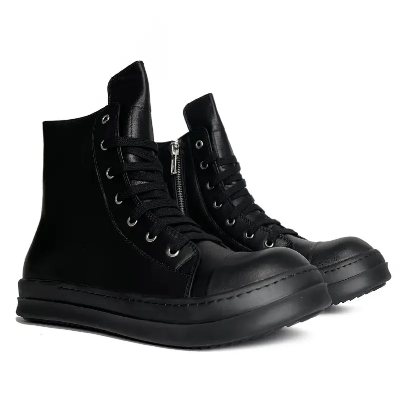 High-top shoes ricowees men's board shoes black thick-soled leather sports trendy cowhide shoes women's spring and autumn lovers