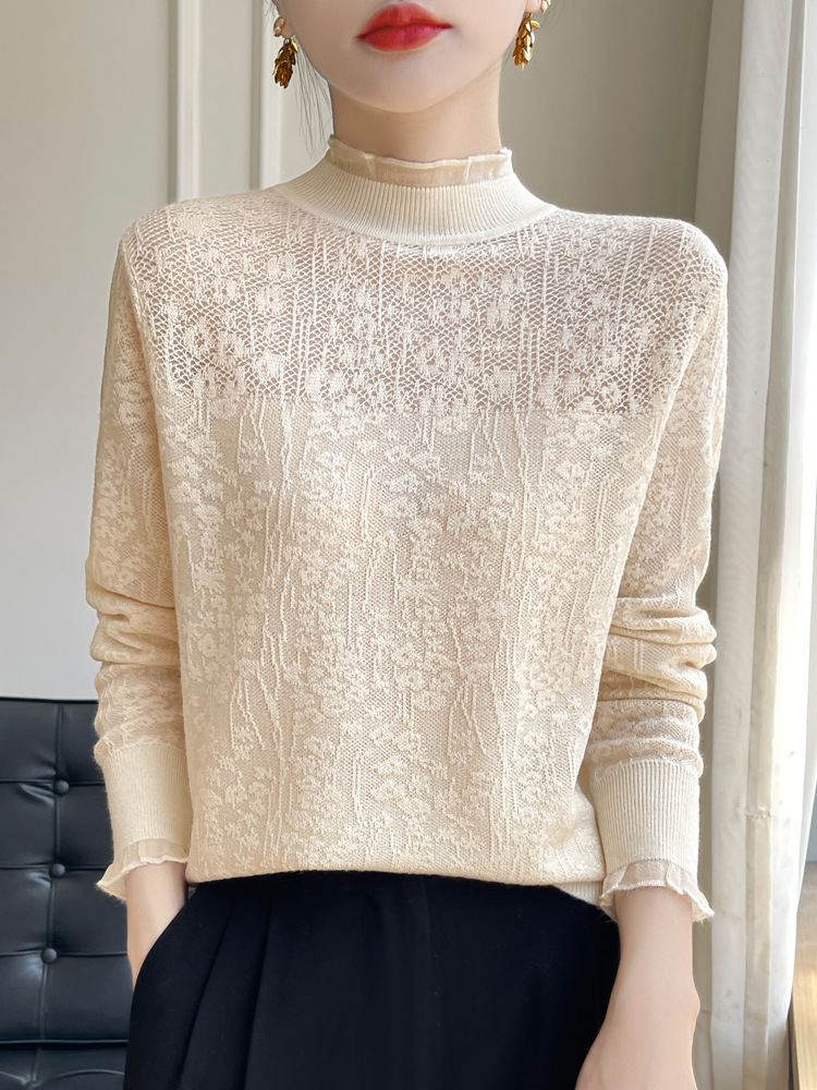 Lace Bottoming Shirt for Women, New Spring and Autumn Half-High Collar Stylish Knitted Top, Plus Size Women's Autumn and Winter Sweater