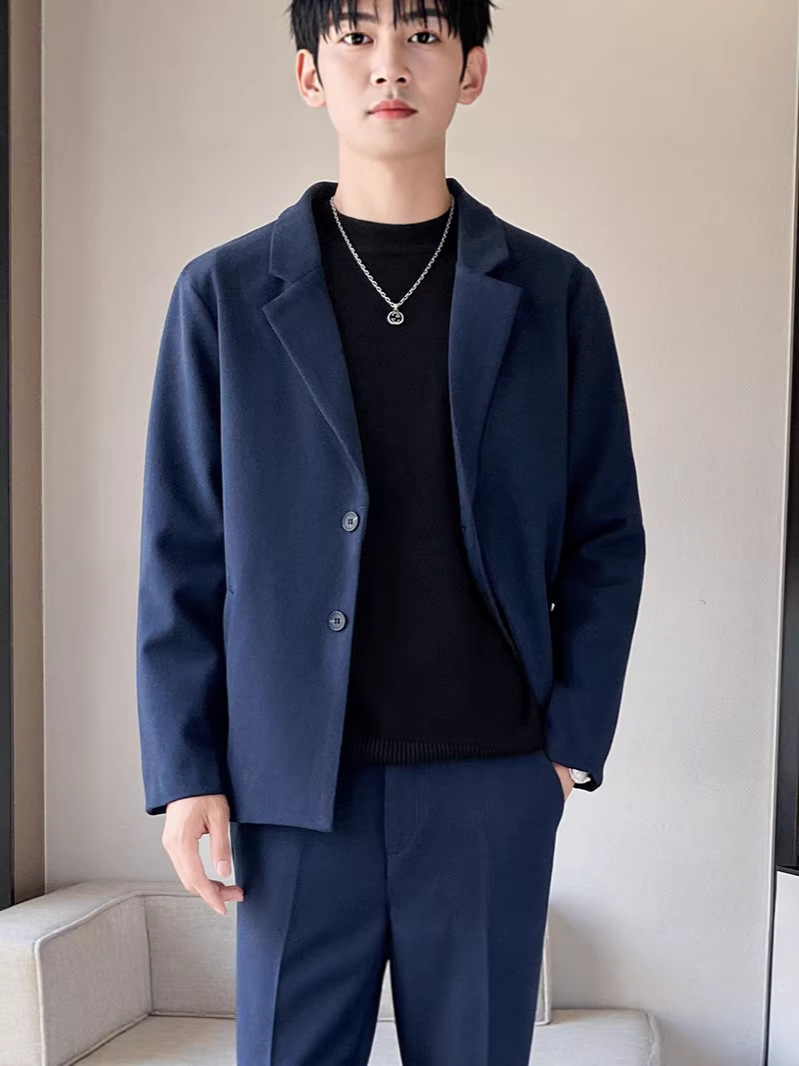 High-End Stylish Men's Suit Jacket Korean Style Trendy Top Youth Fashion Padded Shoulder Woolen Blazer Single Piece