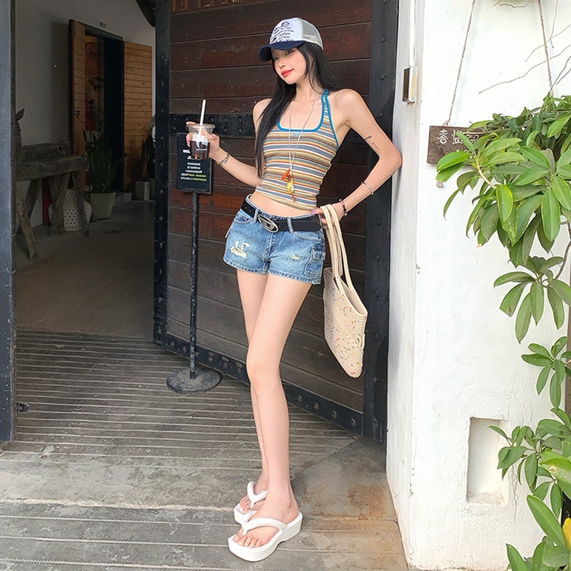 American Retro Blue Hot Girl Low-Waist Loose Denim Shorts for Women, New Summer Ripped Pants, Workwear Shorts, Hot Pants