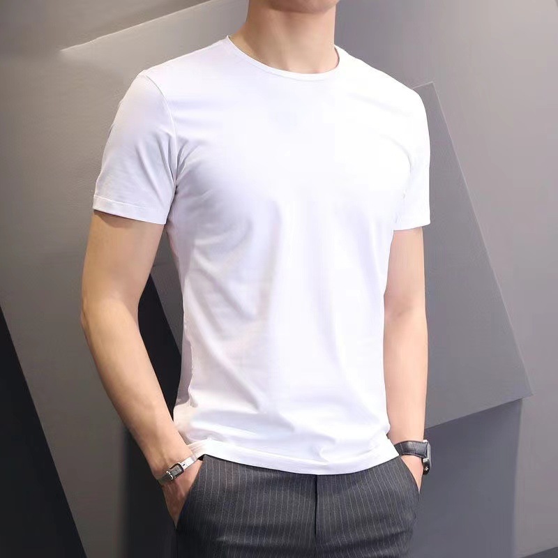 Men's Pure White Short-sleeved T-shirt for Summer Work Half-sleeved Base Shirt Fitness Slim-fit Social Tight T-shirt QC-foto från 1688 på Qualit.ly