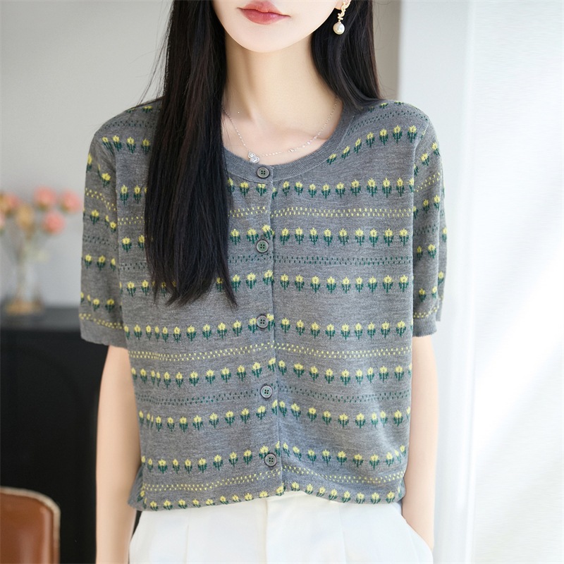 2026 Spring/Summer New Bamboo Knit Round Neck Short Sleeve Women's Floral Jacquard Loose Versatile Cardigan Top