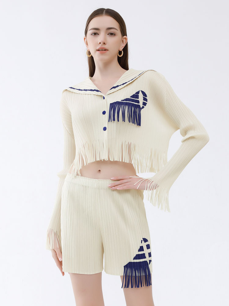 Stylish and Elegant Shirt and Shorts Sailor Two-Piece Set for Women, 2026 Summer Tassel Color-Blocking High-Waisted Shorts Set for Women
