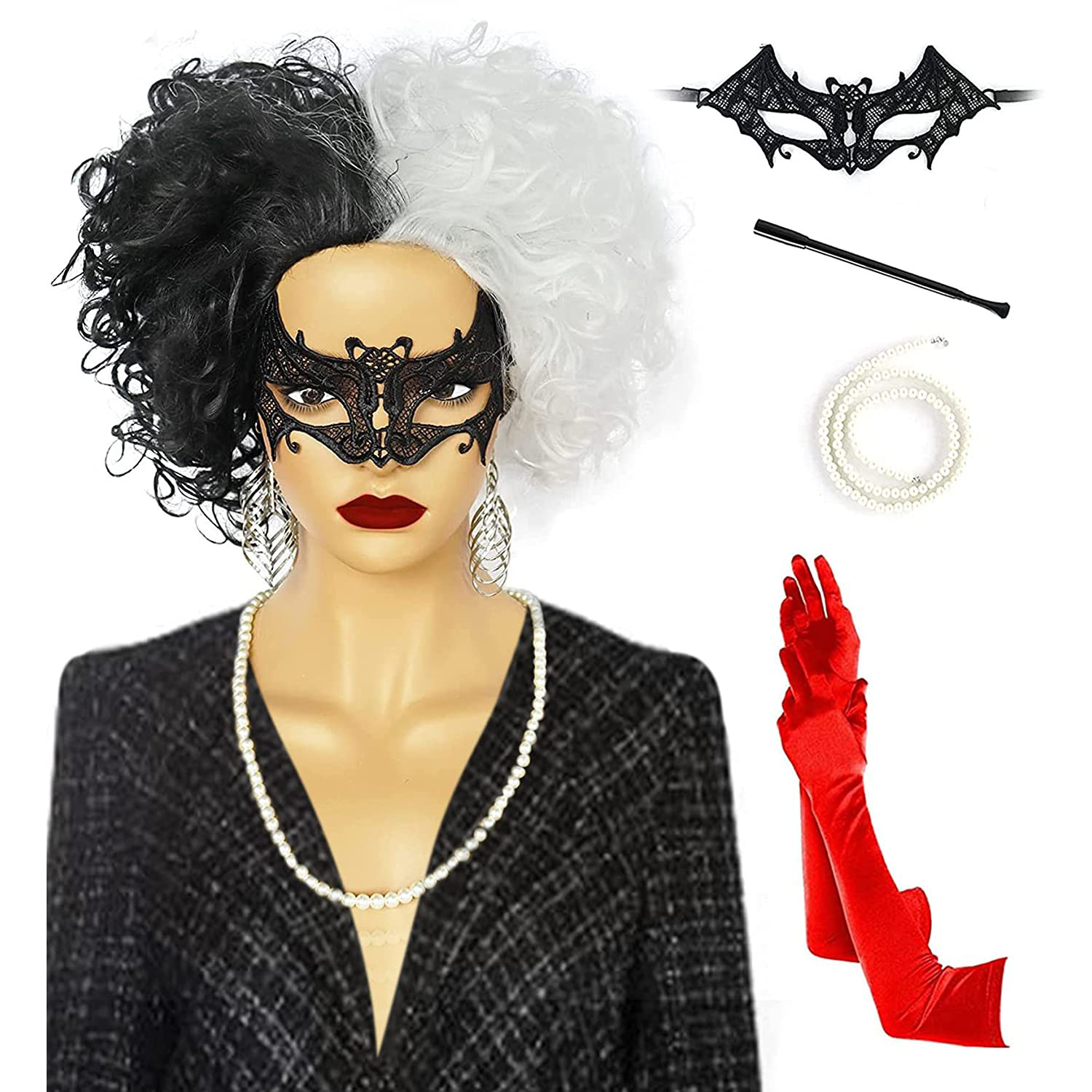 Halloween Cosplay Black and White Witch Cruella Wig Mask Gloves Cigarette Holder Necklace Set