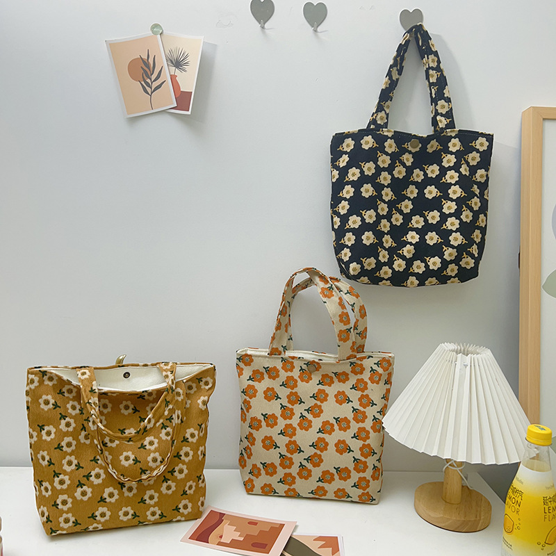 Retro artistic small flower portable small cloth bag corduroy walking hand bag mummy bag small handbag for work and going out