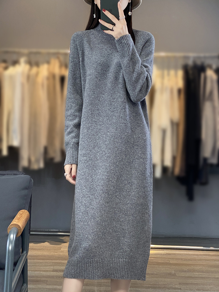 2023 new women's loose long over-the-knee fashion wool dress round neck sweater dress autumn and winter women's
