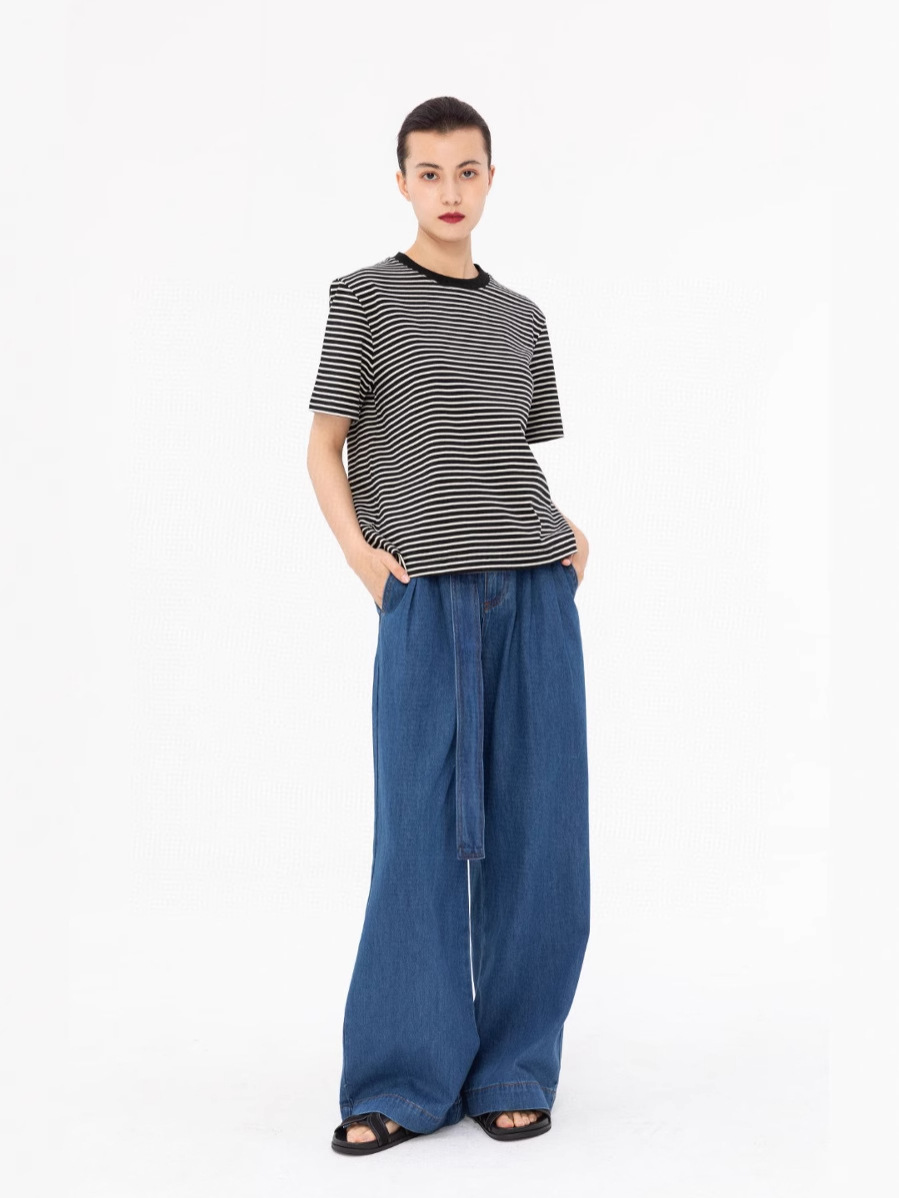 Nordic Simple Style Daily Commuter Fit-fit Style Easy to Match Medium-thick Cotton Striped Colorful Short-sleeved T-shirt for Women