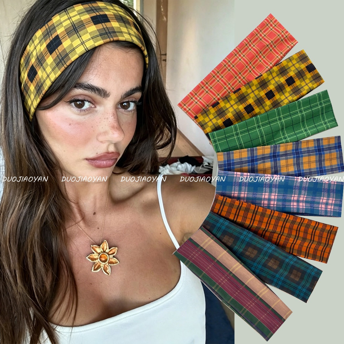 American Retro Colorful Plaid Headband, Fashionable Street Style Hip-Hop Headscarf, Elastic Sports Headband, Hair Tie