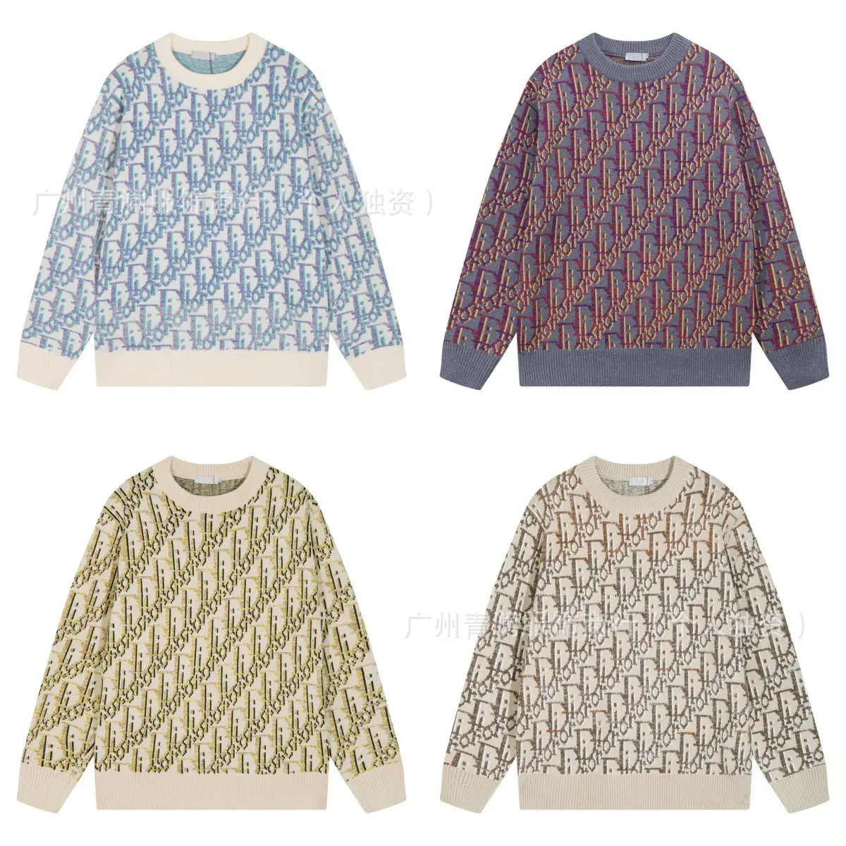 High Version Dijia All-Over Colorful Logo Jacquard Wool Knitted Round Neck Casual Loose Pullover Long-Sleeved Sweater
