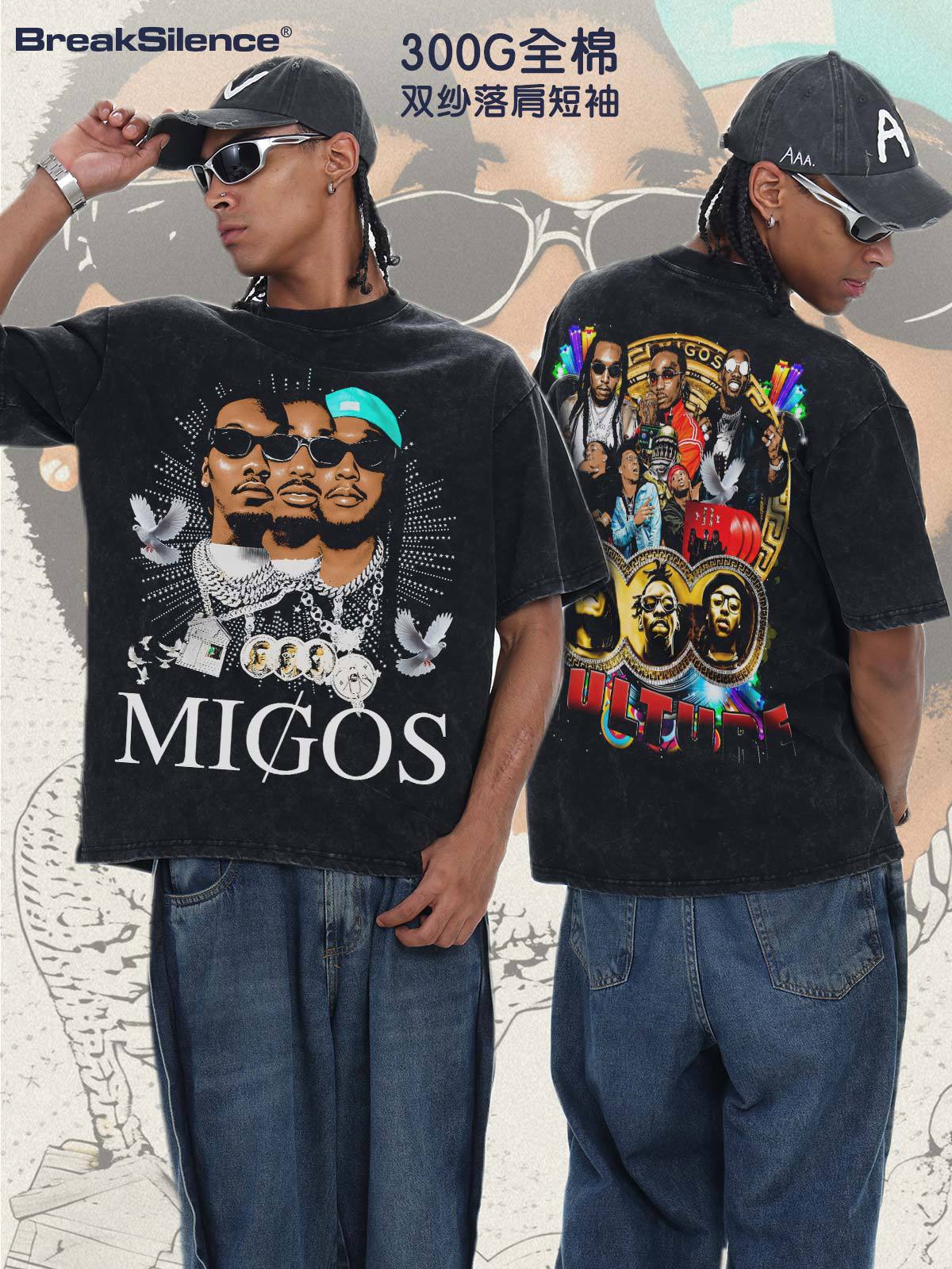 2026 Cross-Border Migos Group Hip-Hop Spring and Summer New Style Washed Heavy-Duty Short-Sleeve Pure Cotton Half-Sleeve Top for Men