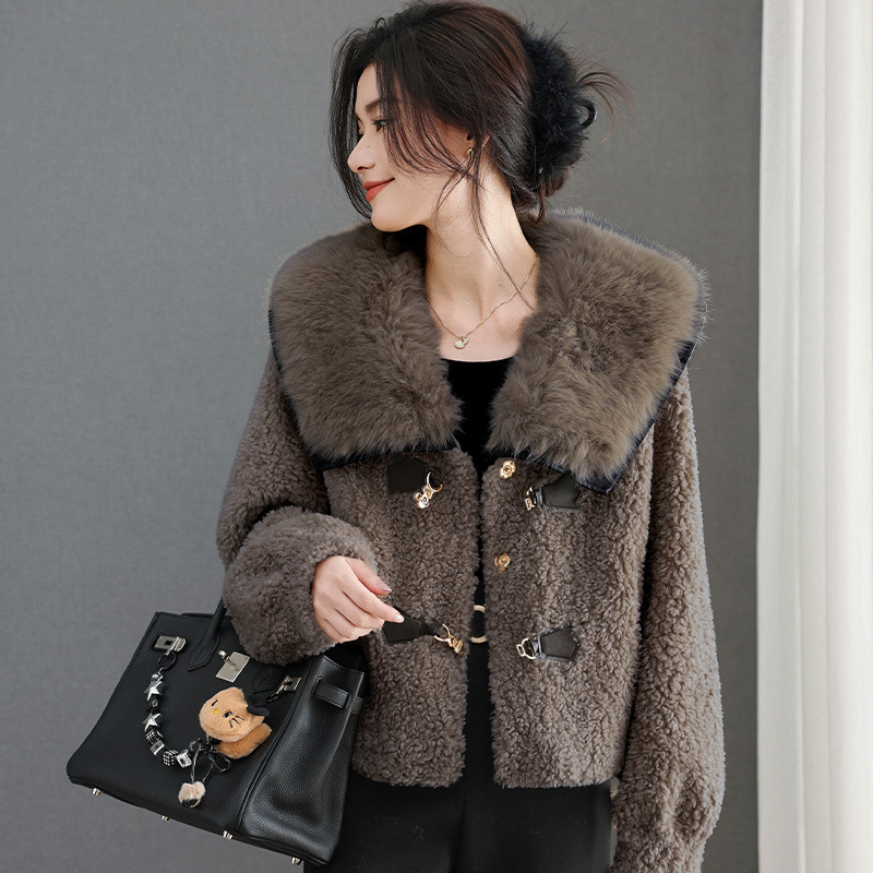 Fur-Integrated Large Fur Collar Short Faux Fur Coat for Women, Winter Thick Warm Stylish Age-Reducing Faux Mink Fur Jacket for Women