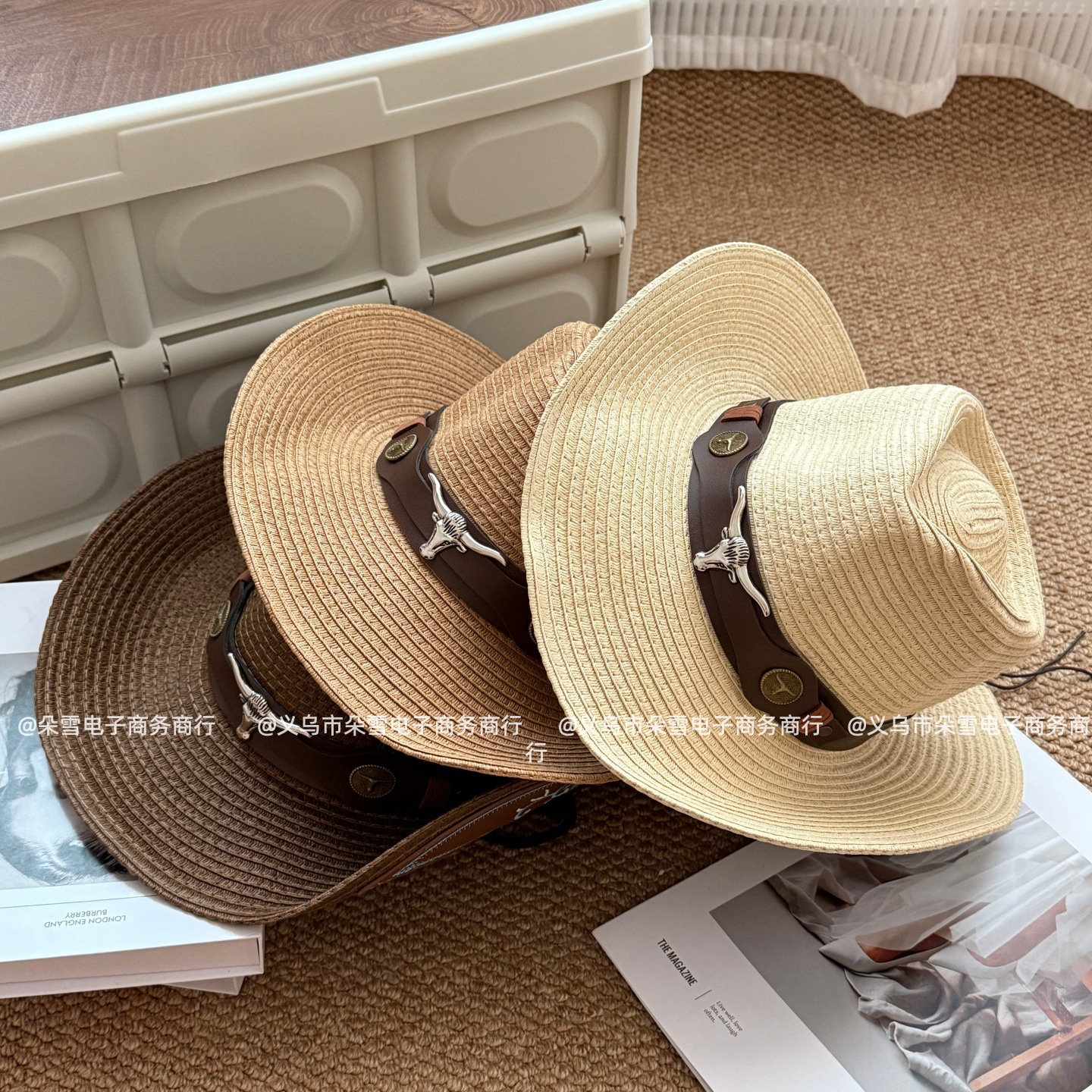 Overseas Spring and Summer Style Hats, European and American Western Cowboy Jazz Hats, Straw Hats with Raised Sides, Cow Head Accessories, Sun Hats for Men