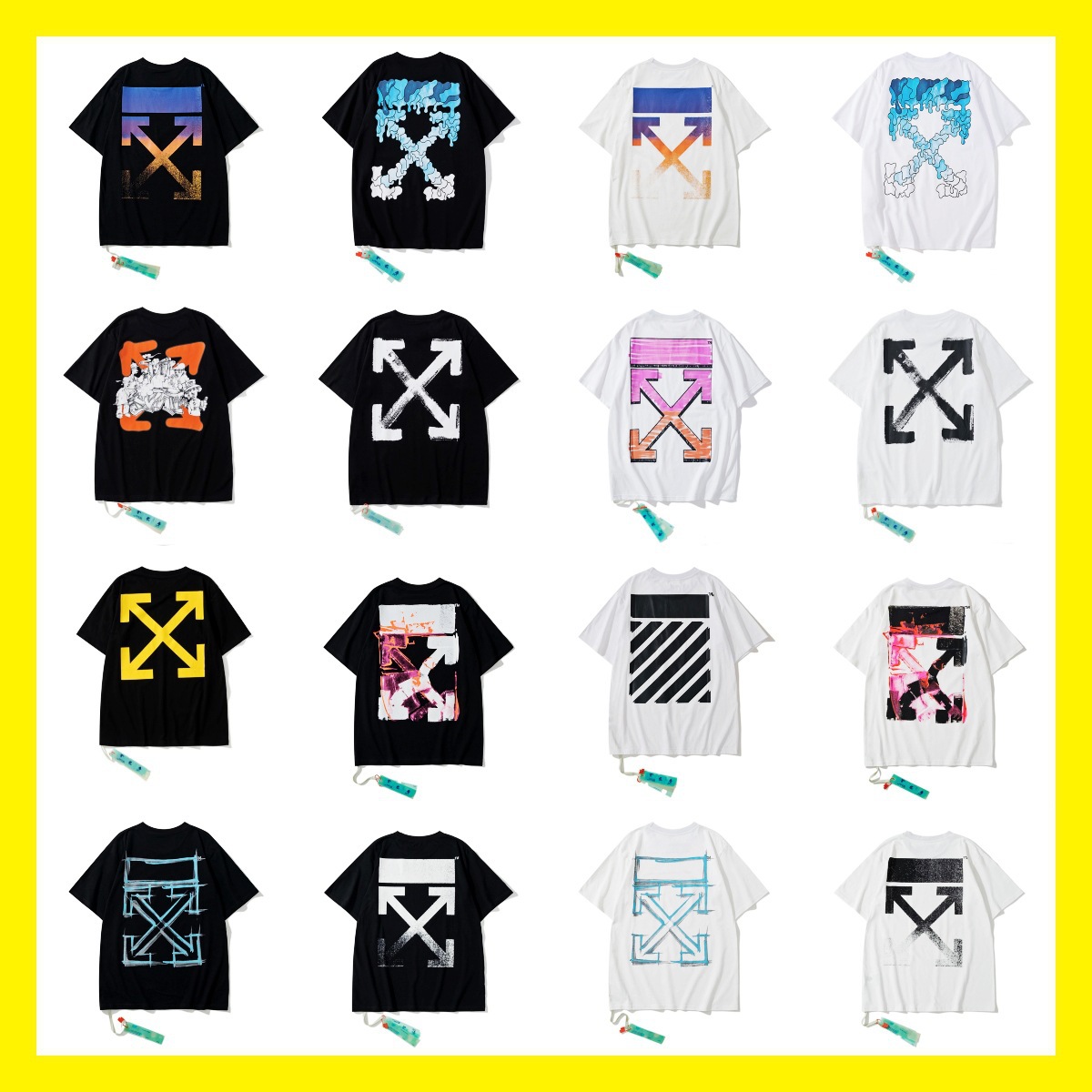 Wholesale off short sleeve ow tide brand dissolved arrow gradient starry sky splash ink T-shirt yellow tape cordon lovers outfit