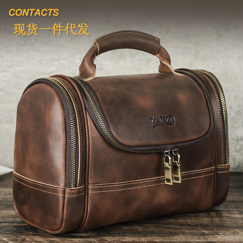 Black Angel Retro Crazy Horse Cowhide Multi-Zipper Bag Portable Toiletries Bag Large Capacity Trendy Cosmetic Bag Storage Bag
