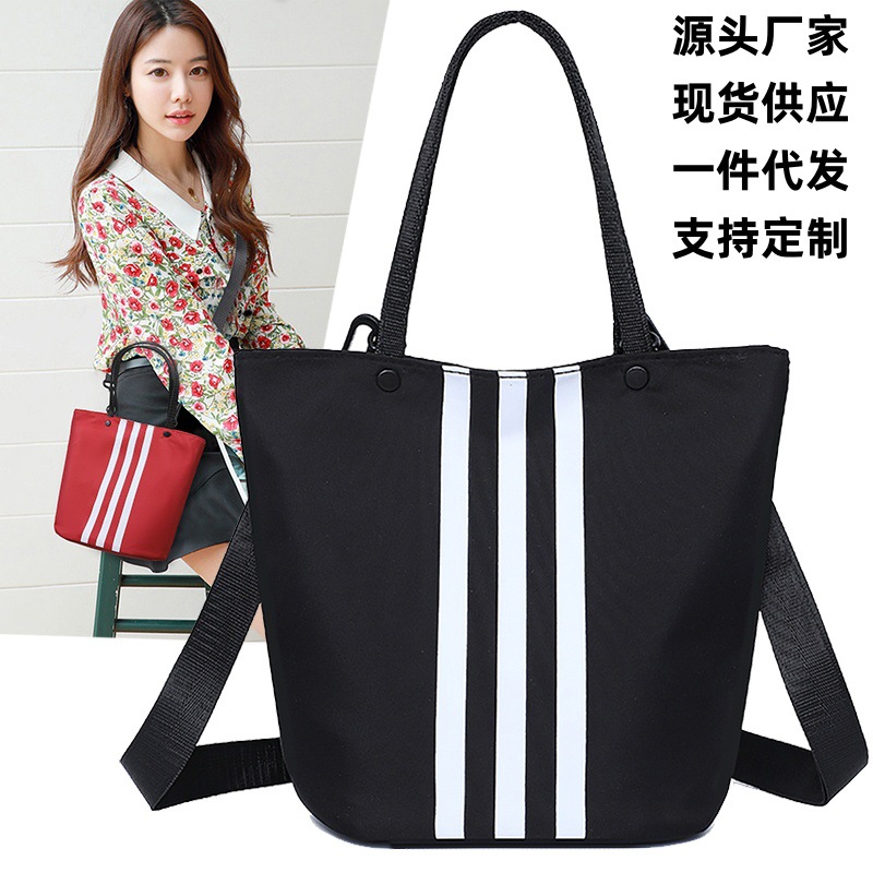 Cross-Border New Style Three-Stripe Handbag, Casual and Versatile Bucket Bag, Nylon Fabric Large Capacity Women's Crossbody Shoulder Bag