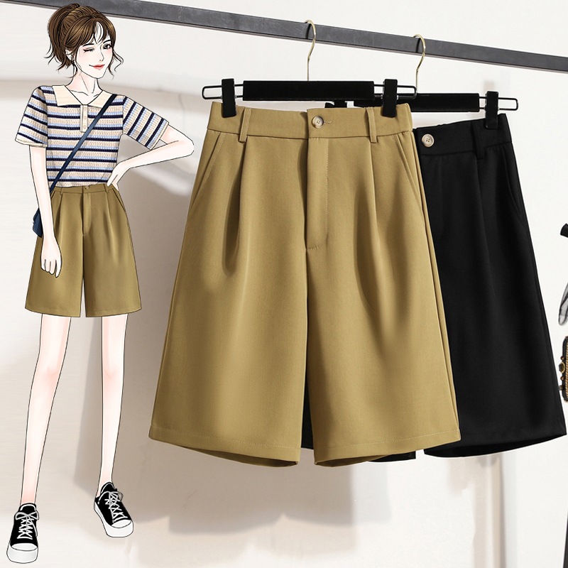 Plus-Size Shorts, Sporty, Loose, Casual, High-Waisted, Slimming, Khaki Color, Summer Women's Outerwear, Mid-Length Pants