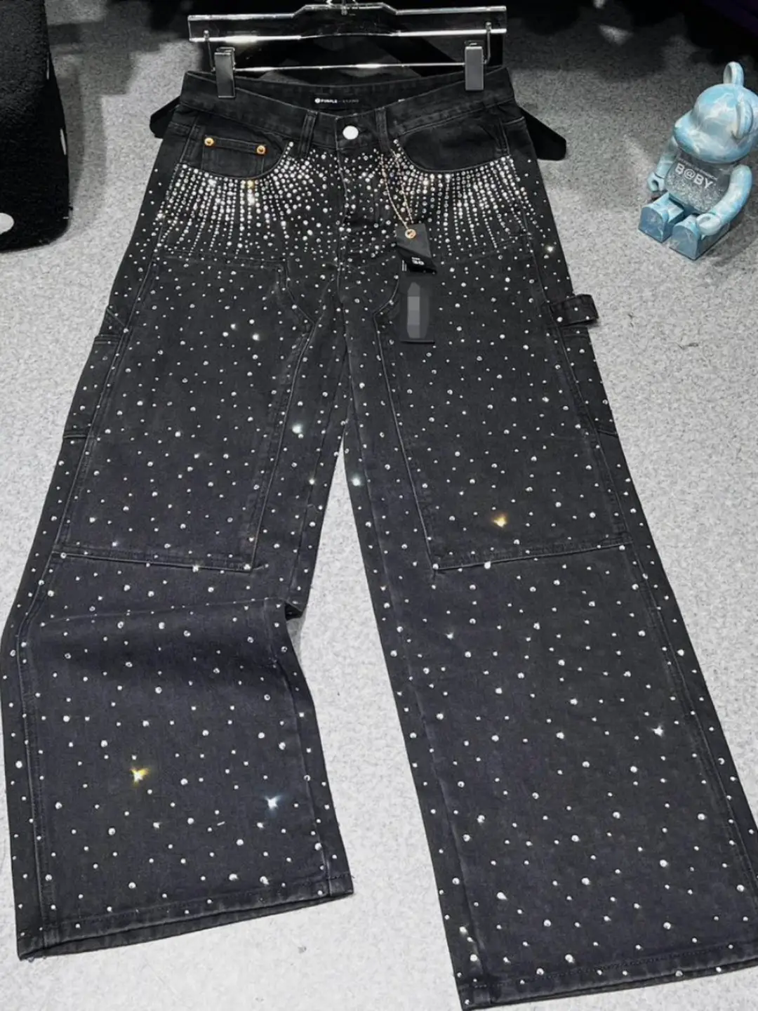 Amr1 American High Street Trendy New arrival Straight-leg Loose Black Denim Black Diamond Multi Flap Pocket pants