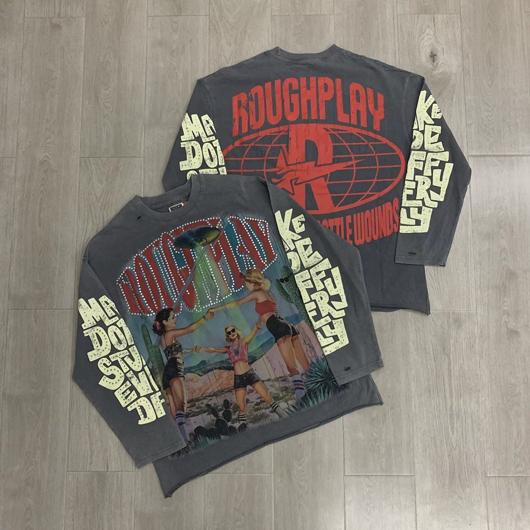 RoughPlay小众欧美高街潮牌复古休闲烫钻印花宽松重磅纯棉长袖T恤