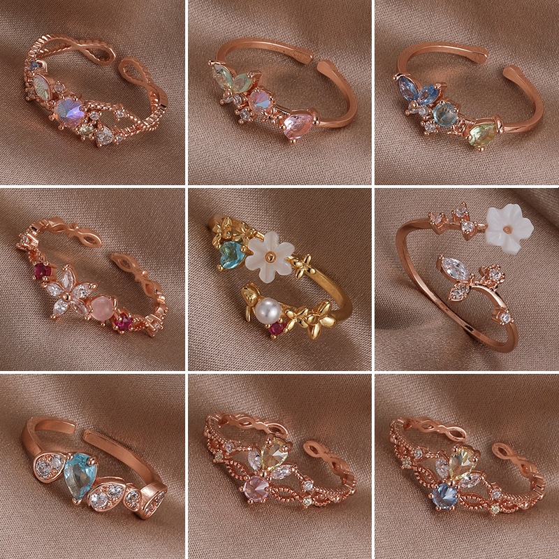 New Design Light Luxury Pearl Zircon Ring Women's Niche Ins Style Shell Flower Ring Open Index Finger Ring