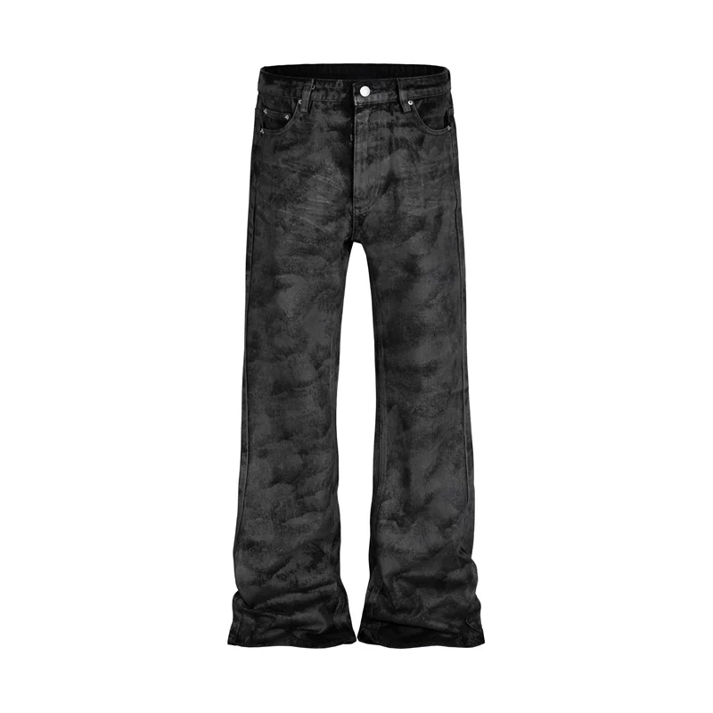 RO style dark and trendy brand hand brushed glue glitter powder black glue micro pull floor non elastic jeans high street versatile bell bottom pants