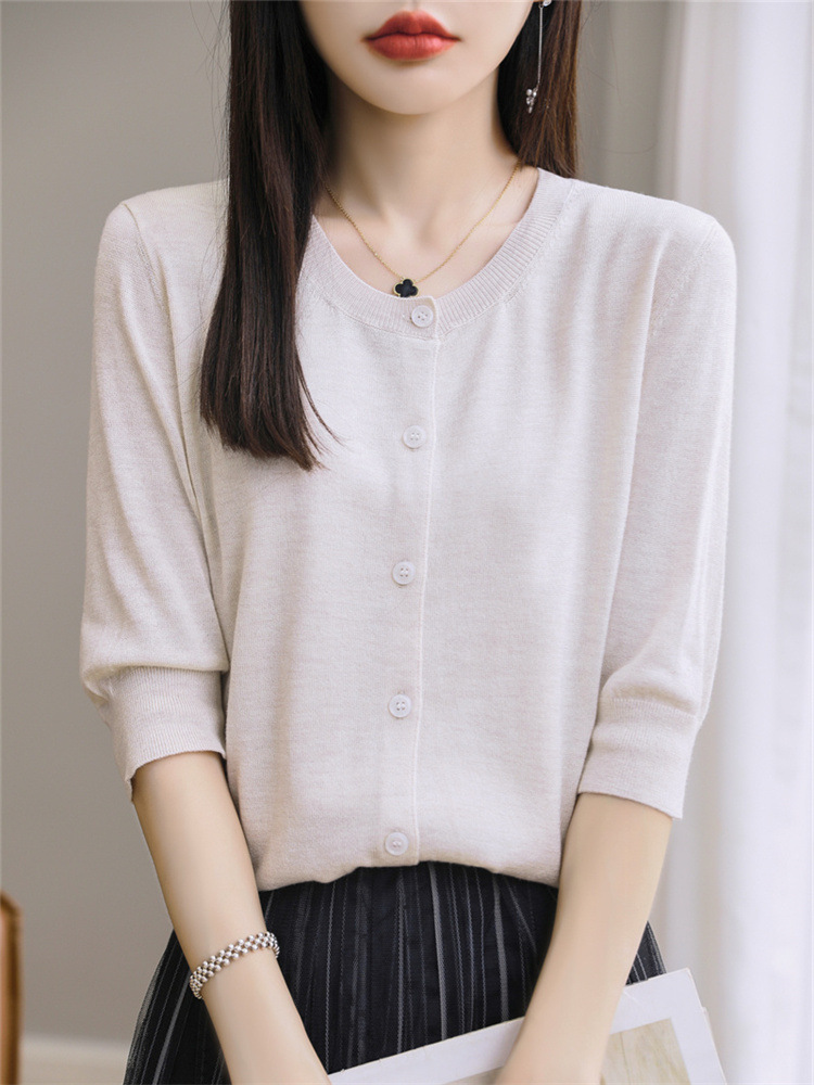 Summer New Style Tencel Wool Round Neck Mid-Sleeve Knit Cardigan Top, Thin and Versatile, Five-Quarter Sleeve, Solid Color Outerwear for Women