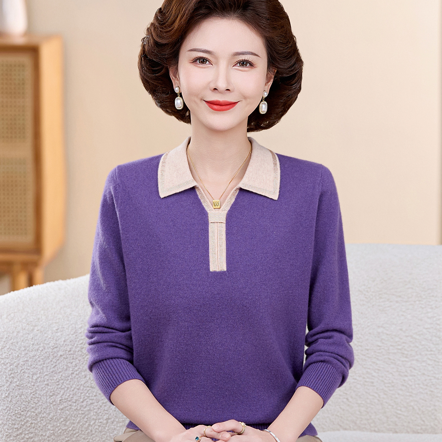 Lapel Collar Pure Wool Sweater for Women, New Autumn and Winter High-End Knitwear for Middle-Aged and Elderly Women, Mother-In-Law Knit Base Shirt